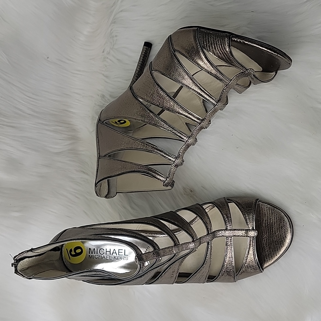 Michael Kors Silver Gold Metallic Party Embossed Open Toe Formal Prom Zip Heels